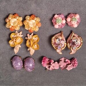Vintage Clip Earrings Bundle (6) Germany Joan Rivers Rhinestone Shell